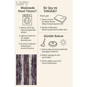 Pamuk Dokuma Taban Halı – Mor; Gri; Krem – Çizgili Desen, Makinede Yıkanabilir, Kolay Temizlenebilir, Toz Ve Tüy Tutmaz, Kaymaz, Evcil Hayvan Dostu