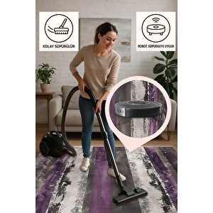 Pamuk Dokuma Taban Halı – Mor; Gri; Krem – Çizgili Desen, Makinede Yıkanabilir, Kolay Temizlenebilir, Toz Ve Tüy Tutmaz, Kaymaz, Evcil Hayvan Dostu