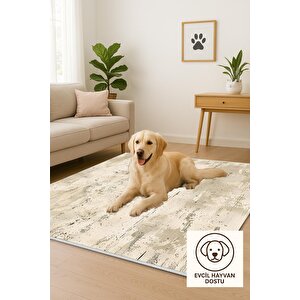 Pamuk Dokuma Taban Halı – Krem; Bej – Eskitilmiş Görünümlü Soyut Desen, Makinede Yıkanabilir, Kolay Temizlenebilir, Toz Ve Tüy Tutmaz, Kaymaz, Evcil Hayvan Dostu
