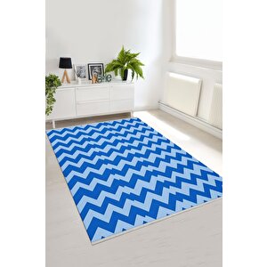 Pamuk Dokuma Taban Halı – Mavi; Açık Mavi – Zigzag Desen, Makinede Yıkanabilir, Kolay Temizlenebilir, Toz Ve Tüy Tutmaz, Kaymaz, Evcil Hayvan Dostu 150x240 cm
