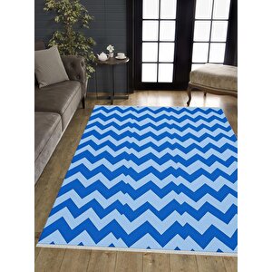 Pamuk Dokuma Taban Halı – Mavi; Açık Mavi – Zigzag Desen, Makinede Yıkanabilir, Kolay Temizlenebilir, Toz Ve Tüy Tutmaz, Kaymaz, Evcil Hayvan Dostu 150x240 cm