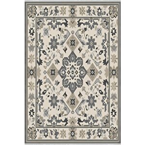 Pamuk Dokuma Taban Halı – Krem; Gri – Geleneksel Desen, Makinede Yıkanabilir, Kolay Temizlenebilir, Toz Ve Tüy Tutmaz, Kaymaz, Evcil Hayvan Dostu 80x150 cm