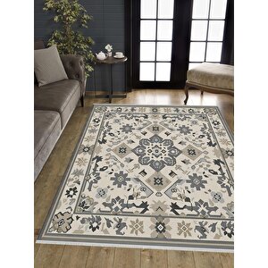 Pamuk Dokuma Taban Halı – Krem; Gri – Geleneksel Desen, Makinede Yıkanabilir, Kolay Temizlenebilir, Toz Ve Tüy Tutmaz, Kaymaz, Evcil Hayvan Dostu 80x150 cm