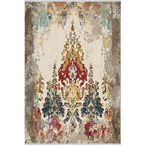 Pamuk Dokuma Taban Halı – Krem; Kırmızı; Mavi; Sarı – Eskitilmiş Görünümlü Oriental Desen, Makinede Yıkanabilir, Kolay Temizlenebilir, Toz Ve Tüy Tutmaz, Kaymaz, Evcil Hayvan Dostu 160x350 cm