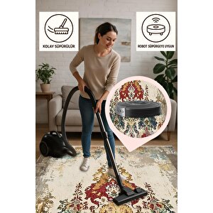 Pamuk Dokuma Taban Halı – Krem; Kırmızı; Mavi; Sarı – Eskitilmiş Görünümlü Oriental Desen, Makinede Yıkanabilir, Kolay Temizlenebilir, Toz Ve Tüy Tutmaz, Kaymaz, Evcil Hayvan Dostu 160x350 cm