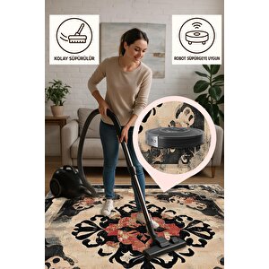 Mutfak Halısı – Krem; Siyah; Kırmızı – Eskitilmiş Görünümlü Oriental Desen, Makinede Yıkanabilir, Kolay Temizlenebilir, Toz Ve Tüy Tutmaz, Kaymaz, Evcil Hayvan Dostu