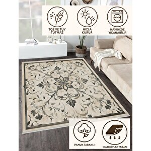 Mutfak Halısı – Bej; Siyah – Barok Desen, Makinede Yıkanabilir, Kolay Temizlenebilir, Toz Ve Tüy Tutmaz, Kaymaz, Evcil Hayvan Dostu 200x220 cm