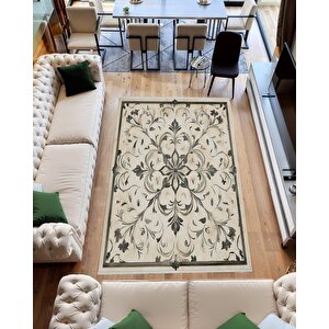 Mutfak Halısı – Bej; Siyah – Barok Desen, Makinede Yıkanabilir, Kolay Temizlenebilir, Toz Ve Tüy Tutmaz, Kaymaz, Evcil Hayvan Dostu