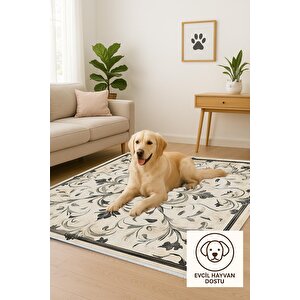 Mutfak Halısı – Bej; Siyah – Barok Desen, Makinede Yıkanabilir, Kolay Temizlenebilir, Toz Ve Tüy Tutmaz, Kaymaz, Evcil Hayvan Dostu