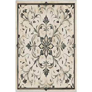 Mutfak Halısı – Bej; Siyah – Barok Desen, Makinede Yıkanabilir, Kolay Temizlenebilir, Toz Ve Tüy Tutmaz, Kaymaz, Evcil Hayvan Dostu 150x150 cm