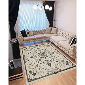 Mutfak Halısı – Bej; Siyah – Barok Desen, Makinede Yıkanabilir, Kolay Temizlenebilir, Toz Ve Tüy Tutmaz, Kaymaz, Evcil Hayvan Dostu 150x150 cm