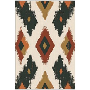 Mutfak Halısı – Yeşil; Kiremit; Hardal – Geometrik Desen, Makinede Yıkanabilir, Kolay Temizlenebilir, Toz Ve Tüy Tutmaz, Kaymaz, Evcil Hayvan Dostu 150x240 cm