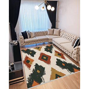 Mutfak Halısı – Yeşil; Kiremit; Hardal – Geometrik Desen, Makinede Yıkanabilir, Kolay Temizlenebilir, Toz Ve Tüy Tutmaz, Kaymaz, Evcil Hayvan Dostu 150x240 cm