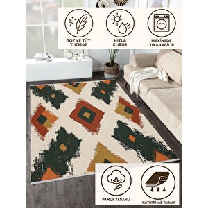 Mutfak Halısı – Yeşil; Kiremit; Hardal – Geometrik Desen, Makinede Yıkanabilir, Kolay Temizlenebilir, Toz Ve Tüy Tutmaz, Kaymaz, Evcil Hayvan Dostu 150x240 cm