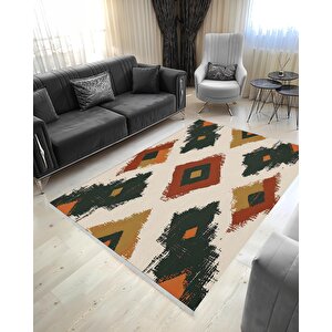 Mutfak Halısı – Yeşil; Kiremit; Hardal – Geometrik Desen, Makinede Yıkanabilir, Kolay Temizlenebilir, Toz Ve Tüy Tutmaz, Kaymaz, Evcil Hayvan Dostu