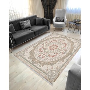 Pamuk Dokuma Taban Halı – Krem; Bej; Kahverengi; Kırmızı – Geleneksel Desen, Makinede Yıkanabilir, Kolay Temizlenebilir, Toz Ve Tüy Tutmaz, Kaymaz, Evcil Hayvan Dostu 180x270 cm