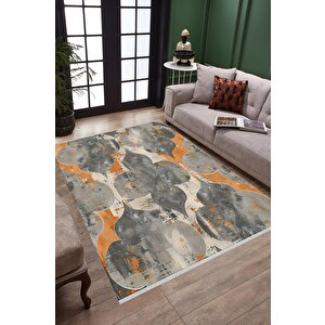 Pamuk Dokuma Taban Halı – Turuncu; Gri; Bej – Moroccan Desen, Makinede Yıkanabilir, Kolay Temizlenebilir, Toz Ve Tüy Tutmaz, Kaymaz, Evcil Hayvan Dostu 150x240 cm