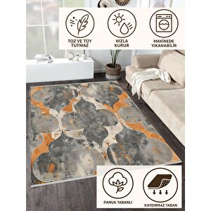 Pamuk Dokuma Taban Halı – Turuncu; Gri; Bej – Moroccan Desen, Makinede Yıkanabilir, Kolay Temizlenebilir, Toz Ve Tüy Tutmaz, Kaymaz, Evcil Hayvan Dostu 150x240 cm