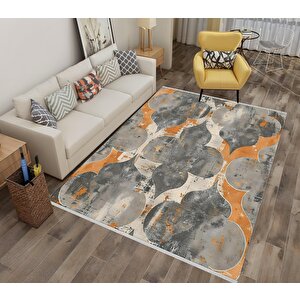 Pamuk Dokuma Taban Halı – Turuncu; Gri; Bej – Moroccan Desen, Makinede Yıkanabilir, Kolay Temizlenebilir, Toz Ve Tüy Tutmaz, Kaymaz, Evcil Hayvan Dostu