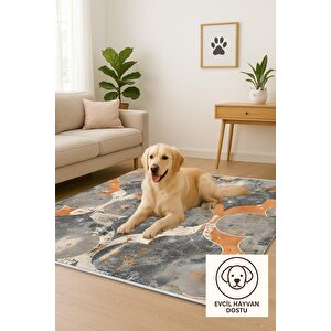 Pamuk Dokuma Taban Halı – Turuncu; Gri; Bej – Moroccan Desen, Makinede Yıkanabilir, Kolay Temizlenebilir, Toz Ve Tüy Tutmaz, Kaymaz, Evcil Hayvan Dostu