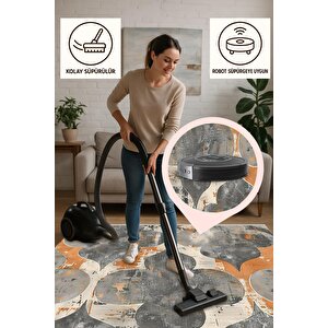 Pamuk Dokuma Taban Halı – Turuncu; Gri; Bej – Moroccan Desen, Makinede Yıkanabilir, Kolay Temizlenebilir, Toz Ve Tüy Tutmaz, Kaymaz, Evcil Hayvan Dostu