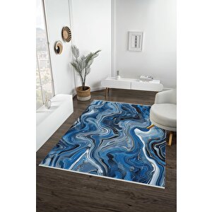 Pamuk Dokuma Taban Halı – Mavi; Siyah; Beyaz; Gri – Mermer Desen, Makinede Yıkanabilir, Kolay Temizlenebilir, Toz Ve Tüy Tutmaz, Kaymaz, Evcil Hayvan Dostu 160x350 cm