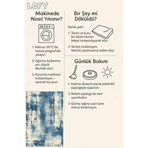 Pamuk Dokuma Taban Halı – Mavi; Krem – Soyut Desen, Makinede Yıkanabilir, Kolay Temizlenebilir, Toz Ve Tüy Tutmaz, Kaymaz, Evcil Hayvan Dostu