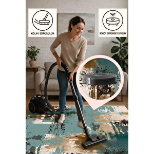 Pamuk Dokuma Taban Halı – Yeşil; Kahverengi; Bej; Krem – Soyut Desen, Makinede Yıkanabilir, Kolay Temizlenebilir, Toz Ve Tüy Tutmaz, Kaymaz, Evcil Hayvan Dostu