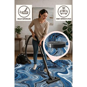 Pamuk Dokuma Taban Halı – Mavi; Siyah; Beyaz; Gri – Mermer Desen, Makinede Yıkanabilir, Kolay Temizlenebilir, Toz Ve Tüy Tutmaz, Kaymaz, Evcil Hayvan Dostu