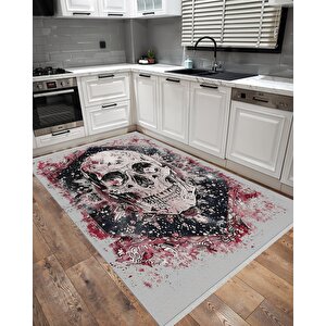 Pamuk Tabanlı Kaymaz Halı – Siyah; Kırmızı; Beyaz – Kafatası Desen, Pamuk Dokuma Taban, Makinede Yıkanabilir, Kolay Temizlenebilir, Toz Ve Tüy Tutmaz, Kaymaz, Evcil Hayvan Dostu