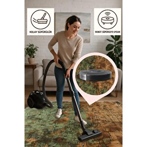 Oturma Odası Halısı – Yeşil; Kahverengi – Eskitilmiş Görünümlü Tasarım, Makinede Yıkanabilir, Kolay Temizlenebilir, Toz Ve Tüy Tutmaz, Kaymaz, Evcil Hayvan Dostu 160x230 cm