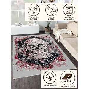 Pamuk Tabanlı Kaymaz Halı – Siyah; Kırmızı; Beyaz – Kafatası Desen, Pamuk Dokuma Taban, Makinede Yıkanabilir, Kolay Temizlenebilir, Toz Ve Tüy Tutmaz, Kaymaz, Evcil Hayvan Dostu