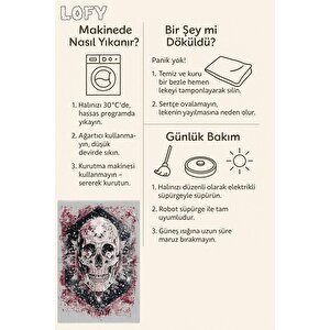 Pamuk Tabanlı Kaymaz Halı – Siyah; Kırmızı; Beyaz – Kafatası Desen, Pamuk Dokuma Taban, Makinede Yıkanabilir, Kolay Temizlenebilir, Toz Ve Tüy Tutmaz, Kaymaz, Evcil Hayvan Dostu