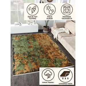 Oturma Odası Halısı – Yeşil; Kahverengi – Eskitilmiş Görünümlü Tasarım, Makinede Yıkanabilir, Kolay Temizlenebilir, Toz Ve Tüy Tutmaz, Kaymaz, Evcil Hayvan Dostu