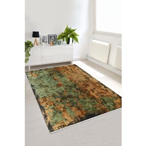 Oturma Odası Halısı – Yeşil; Kahverengi – Eskitilmiş Görünümlü Tasarım, Makinede Yıkanabilir, Kolay Temizlenebilir, Toz Ve Tüy Tutmaz, Kaymaz, Evcil Hayvan Dostu