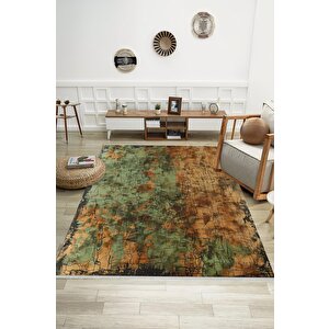 Oturma Odası Halısı – Yeşil; Kahverengi – Eskitilmiş Görünümlü Tasarım, Makinede Yıkanabilir, Kolay Temizlenebilir, Toz Ve Tüy Tutmaz, Kaymaz, Evcil Hayvan Dostu