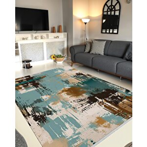 Pamuk Dokuma Taban Halı – Yeşil; Kahverengi; Bej; Krem – Soyut Desen, Makinede Yıkanabilir, Kolay Temizlenebilir, Toz Ve Tüy Tutmaz, Kaymaz, Evcil Hayvan Dostu 100x100 cm