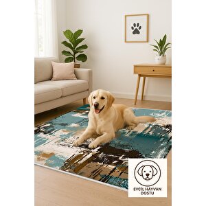 Pamuk Dokuma Taban Halı – Yeşil; Kahverengi; Bej; Krem – Soyut Desen, Makinede Yıkanabilir, Kolay Temizlenebilir, Toz Ve Tüy Tutmaz, Kaymaz, Evcil Hayvan Dostu