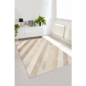 Pamuk Dokuma Taban Halı – Krem; Bej – Çizgili Desen, Makinede Yıkanabilir, Kolay Temizlenebilir, Toz Ve Tüy Tutmaz, Kaymaz, Evcil Hayvan Dostu 180x270 cm