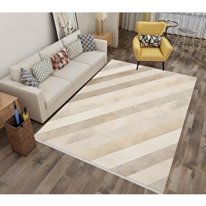 Pamuk Dokuma Taban Halı – Krem; Bej – Çizgili Desen, Makinede Yıkanabilir, Kolay Temizlenebilir, Toz Ve Tüy Tutmaz, Kaymaz, Evcil Hayvan Dostu 180x270 cm