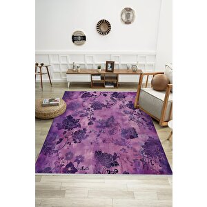 Oturma Odası Halısı – Mor; Lila – Çiçekli Desen, Makinede Yıkanabilir, Kolay Temizlenebilir, Toz Ve Tüy Tutmaz, Kaymaz, Evcil Hayvan Dostu 80x150 cm