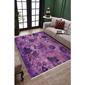 Oturma Odası Halısı – Mor; Lila – Çiçekli Desen, Makinede Yıkanabilir, Kolay Temizlenebilir, Toz Ve Tüy Tutmaz, Kaymaz, Evcil Hayvan Dostu 150x300 cm