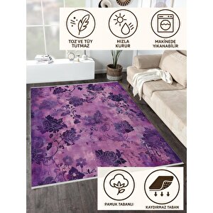Oturma Odası Halısı – Mor; Lila – Çiçekli Desen, Makinede Yıkanabilir, Kolay Temizlenebilir, Toz Ve Tüy Tutmaz, Kaymaz, Evcil Hayvan Dostu