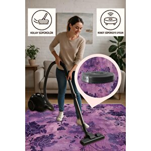 Oturma Odası Halısı – Mor; Lila – Çiçekli Desen, Makinede Yıkanabilir, Kolay Temizlenebilir, Toz Ve Tüy Tutmaz, Kaymaz, Evcil Hayvan Dostu