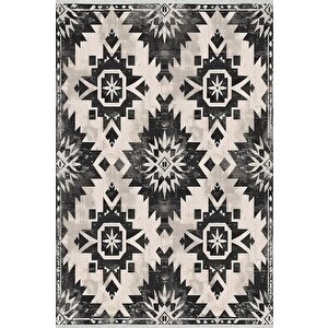 Pamuk Dokuma Taban Halı – Siyah; Krem – Eskitilmiş Görünümlü Etnik Desen, Makinede Yıkanabilir, Kolay Temizlenebilir, Toz Ve Tüy Tutmaz, Kaymaz, Evcil Hayvan Dostu 80x80 cm