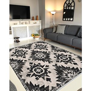 Pamuk Dokuma Taban Halı – Siyah; Krem – Eskitilmiş Görünümlü Etnik Desen, Makinede Yıkanabilir, Kolay Temizlenebilir, Toz Ve Tüy Tutmaz, Kaymaz, Evcil Hayvan Dostu 80x80 cm