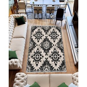 Pamuk Dokuma Taban Halı – Siyah; Krem – Eskitilmiş Görünümlü Etnik Desen, Makinede Yıkanabilir, Kolay Temizlenebilir, Toz Ve Tüy Tutmaz, Kaymaz, Evcil Hayvan Dostu