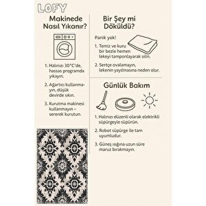 Pamuk Dokuma Taban Halı – Siyah; Krem – Eskitilmiş Görünümlü Etnik Desen, Makinede Yıkanabilir, Kolay Temizlenebilir, Toz Ve Tüy Tutmaz, Kaymaz, Evcil Hayvan Dostu