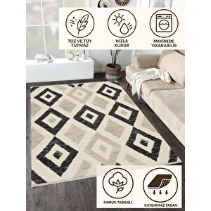 Mutfak Halısı – Pamuk Dokuma Taban Halı – Black; Gray; Cream – Geometric Desen, Makinede Yıkanabilir, Kolay Temizlenebilir, Toz Ve Tüy Tutmaz, Kaymaz, Evcil Hayvan Dostu