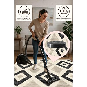 Mutfak Halısı – Pamuk Dokuma Taban Halı – Black; Gray; Cream – Geometric Desen, Makinede Yıkanabilir, Kolay Temizlenebilir, Toz Ve Tüy Tutmaz, Kaymaz, Evcil Hayvan Dostu
